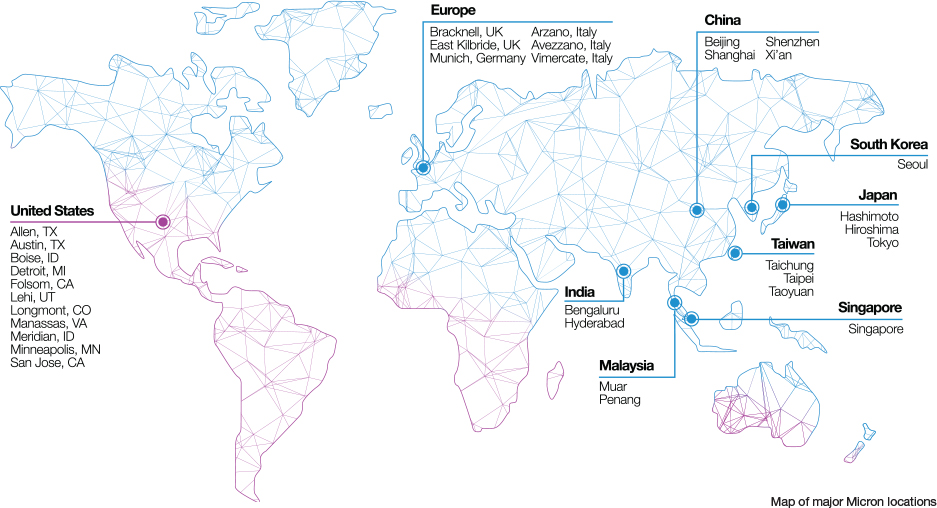 Map of Micron locations around the world